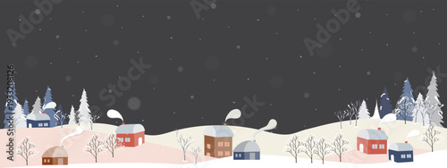 Christmas in Winter village background.Landscape with snow on forest tree for xmas banner.Vector illustration cartoon wonderland in town with people,snowman in city park for happy new year holiday
