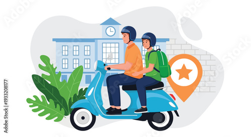 Father and son riding scooter to school, symbolizing transportation, education, and family bonding during morning commute or daily routine together