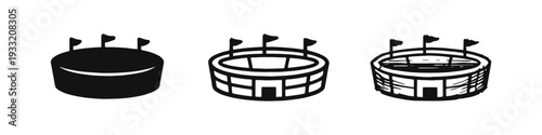 Angled Round Stadium Icon Set: Solid, Outline, and Hand-Drawn Sketch Styles for Sporting Events