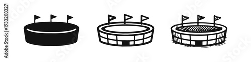 Round Stadium Icon Set: Solid, Outline, and Hand-Drawn Sketch Styles with Flags for Sports Venues