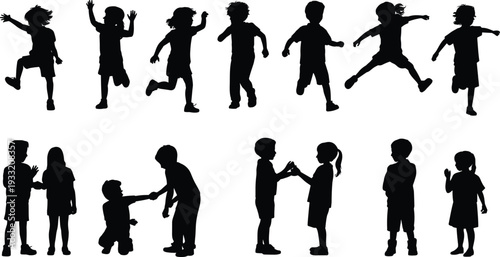Children playing and interacting silhouettes vector illustration, happy kids jumping running friendship gestures black isolated figures collection on white background