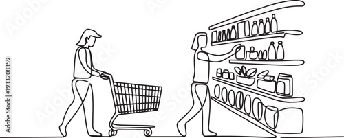 One continuous line drawing of shopping activities in supermarkets by selecting the items you need vector illustration. one line Icon drawing