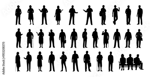 Black People Crowd Silhouette Set Standing and Walking Human Figures Vector Isolated on White