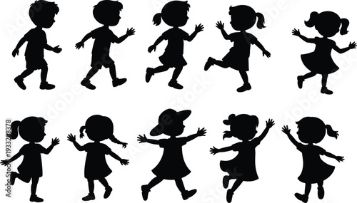 Children running and dancing silhouettes vector illustration, happy kids playing jumping waving black isolated figures set on white background