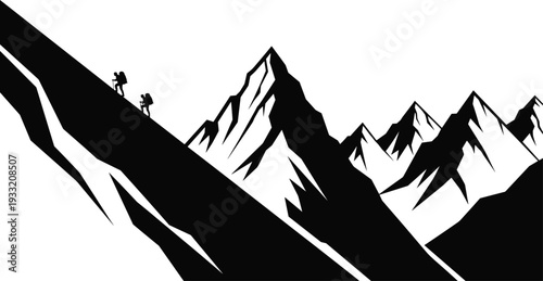 Mountain hiking adventure silhouette with climbers on steep slope, alpine landscape illustration in black and white style