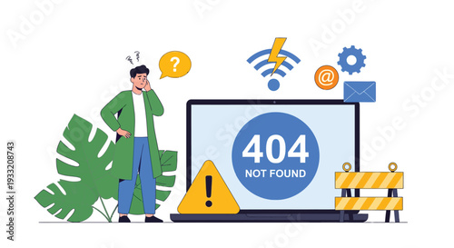 Young man frustrated with computer error 404 not found message on laptop screen technology concept website problem issue connection no internet access computer network failure illustration