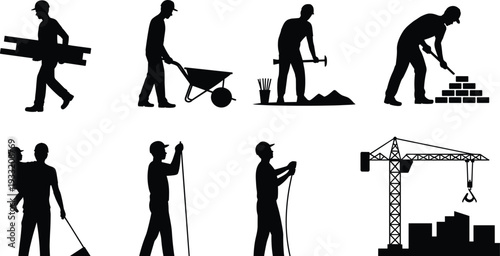 Construction worker silhouettes carrying materials, bricklaying and tower crane skyline, industrial building labor concept, black vector illustration isolated on white background