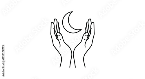 Two hands gently cradling a crescent moon in a minimalist artistic line drawing silhouette high quality professional detailed