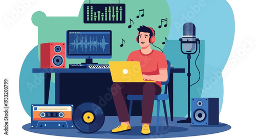 Man with headphones working on laptop at desk in home studio with microphone speakers mixing console vinyl record cassette tape audio production music recording sound engineering creativity