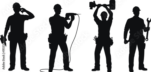 Construction worker silhouettes collection, professional builders with drill, wrench and heavy tools, black vector illustration isolated on white background