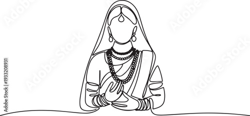 One continuous line drawing of Indian wedding ceremony vector illustration. Indian bride complete with wedding costume design. one line Icon drawing
