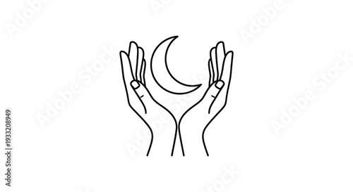 Two hands cradling a crescent moon in a minimalist line art style a striking silhouette high quality professional