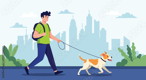 Man walking dog on leash in park city skyline background urban setting pets companionship outdoor activity healthy lifestyle walking dog jogging recreation