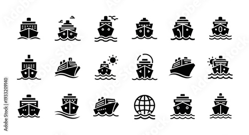 Collection of various ship icons in black and white style for design.