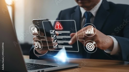 Cinematic 4k footage: Businessman checks risk checklist on phone, technology icons overlay
