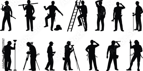 Construction workers silhouette set, professional builder team with ladder, tools and surveying equipment, black vector illustration isolated on white background