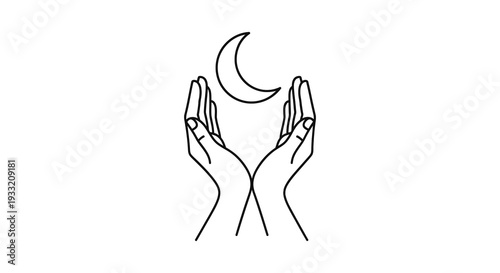 Two hands gently cradle a crescent moon in a minimalist black and white line art silhouette high quality professional detailed