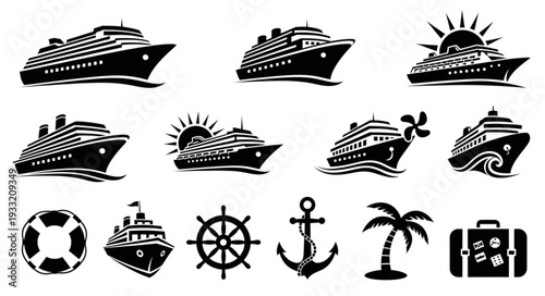 Collection of various cruise ship illustrations and travel related icons in black and white.