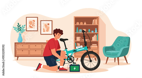 Person fixing electric bicycle battery connection indoors home interior modern furniture cozy atmosphere hobby maintenance repair assembly bike charging electricbike battery