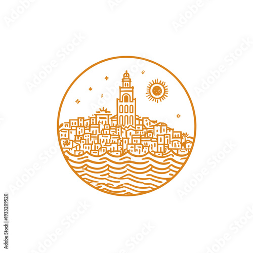 Circular line art illustration of a charming Mediterranean-style coastal city with a prominent tower, sun, and sea waves. Travel townscape vector graphic.