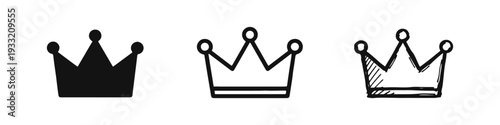 Royal crown icons in solid, outline, and hand-drawn styles.
