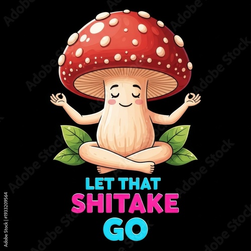 Cartoon mushroom meditating with text let that shitake go, flat illustration