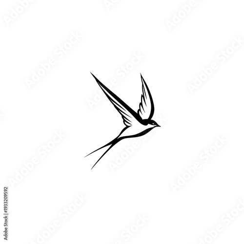Elegant black and white stylized flying bird illustration. Graceful minimal outline of a swift or swallow in motion, isolated vector graphic.