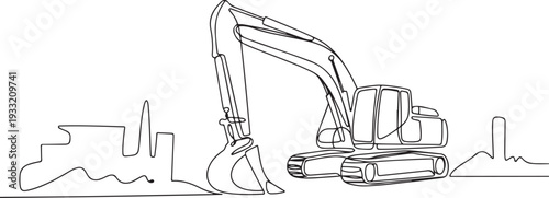 One continuous line drawing of excavator in the site project. Construction Project design concept with simple linear style. one line Icon drawing