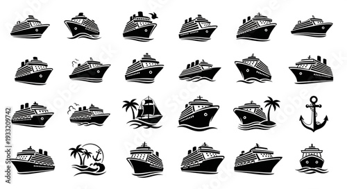 Collection of various cruise ship illustrations in black and white, perfect for travel themes.