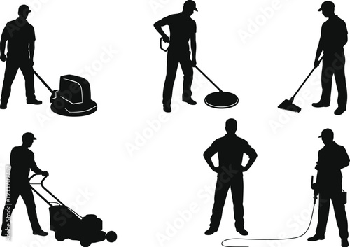 Professional cleaning and maintenance worker silhouettes with floor scrubber, lawn mower and power washer equipment, black vector illustration isolated on white background