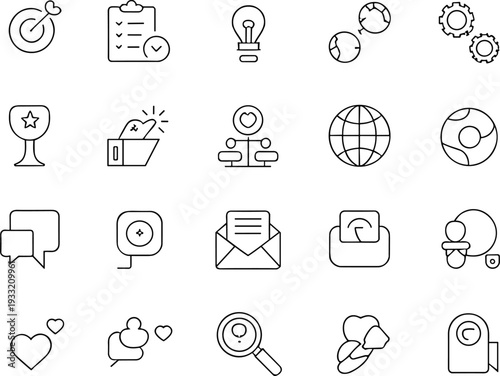 Business communication and social interaction line icons vector set with editable stroke featuring teamwork, ideas, goals, security, diversity, and collaboration