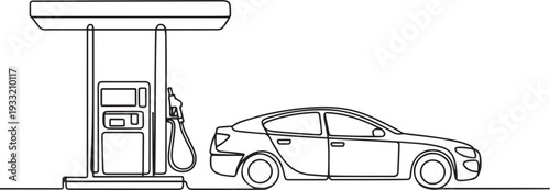 One continuous line drawing of A car is refueling at a fuel station vector illustration. Fuel Station illustration simple linear style vector concept. one line Icon drawing