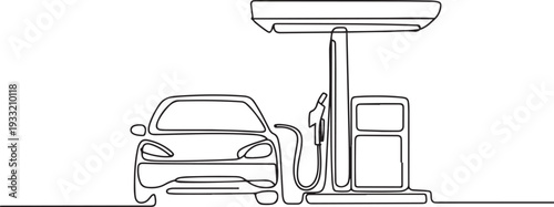 One continuous line drawing of A car is refueling at a fuel station vector illustration. Fuel Station illustration simple linear style vector concept. one line Icon drawing