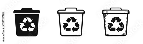 Recycle bin icons in solid, outline, and hand-drawn styles.