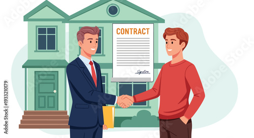 Real estate agent shaking hands with client after signing property contract in front of modern house for successful home buying and investment deal agreement