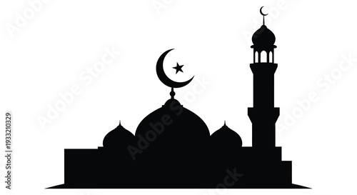 A striking black silhouette of a mosque with a crescent moon and star showcasing islamic architecture silhouette