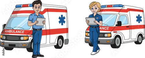 Cartoon paramedic team with ambulance vector illustration emergency medical workers isolated on white background