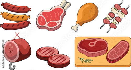 Cartoon Meat Food Set with Sausages Steak Chicken Skewers Ham and Grilled Cuts Vector