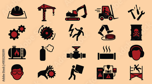 Collection of construction and industry related icons and symbols used for safety and machinery operations on a peach background