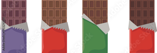 Chocolate bars in colorful wrappers cartoon vector illustration sweet dessert snack collection isolated set