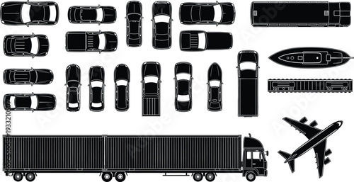 Transportation vehicle silhouette set including cars, truck trailer, cargo ship and airplane top view isolated vector collection