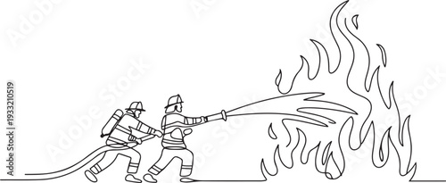 One continuous line drawing of The fire fighter brigade is on duty to put out the blazing fire vector illustration. Fire Fighting design. one line Icon drawing
