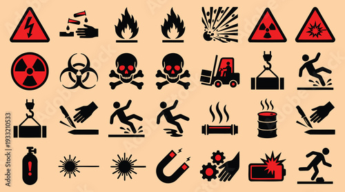 Collection of warning signs and symbols for hazardous materials and situations icons  various industrial and safety pictograms