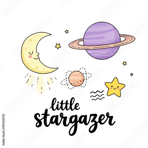 Whimsical little stargazer with smiling moon, stars, and planets in flat illustration