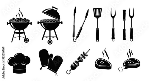 Black and white illustration of barbecue grill tools and cooked food