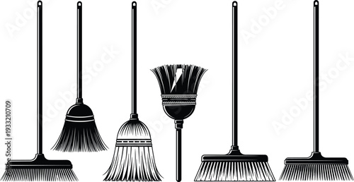Set Of Black And White Silhouettes Of Different Types Of Brooms On White Background cleaning sweeping