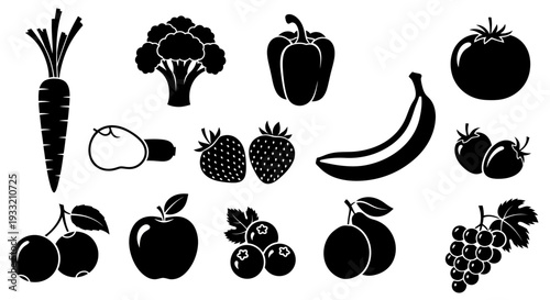 Black and white illustration of various fruits and vegetables arranged together