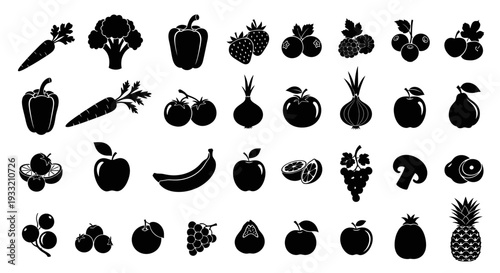 Collection of various black silhouette fruits and vegetables arranged closely together