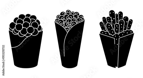 Three black and white illustrations of fast food in paper containers