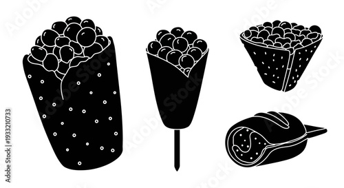Black and white illustration of various bubble tea drinks and containers